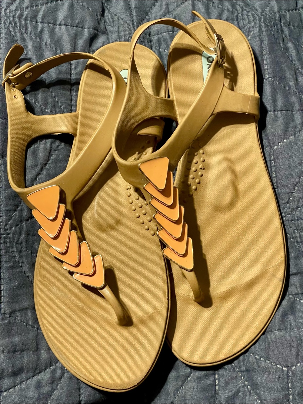 OkaB Womens Tan T-Strap Sandals with Orange Accents